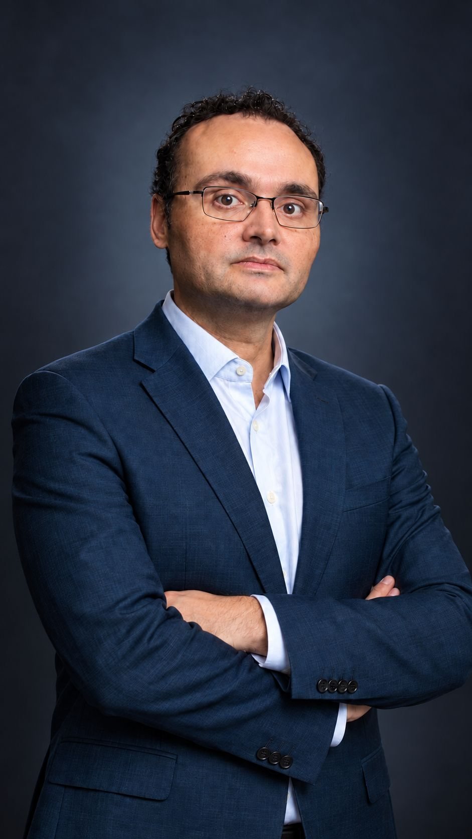Retrato do Dr. Fernando Lemgruber, de blazer azul e camisa clara, com os braços cruzados, em fundo escuro.